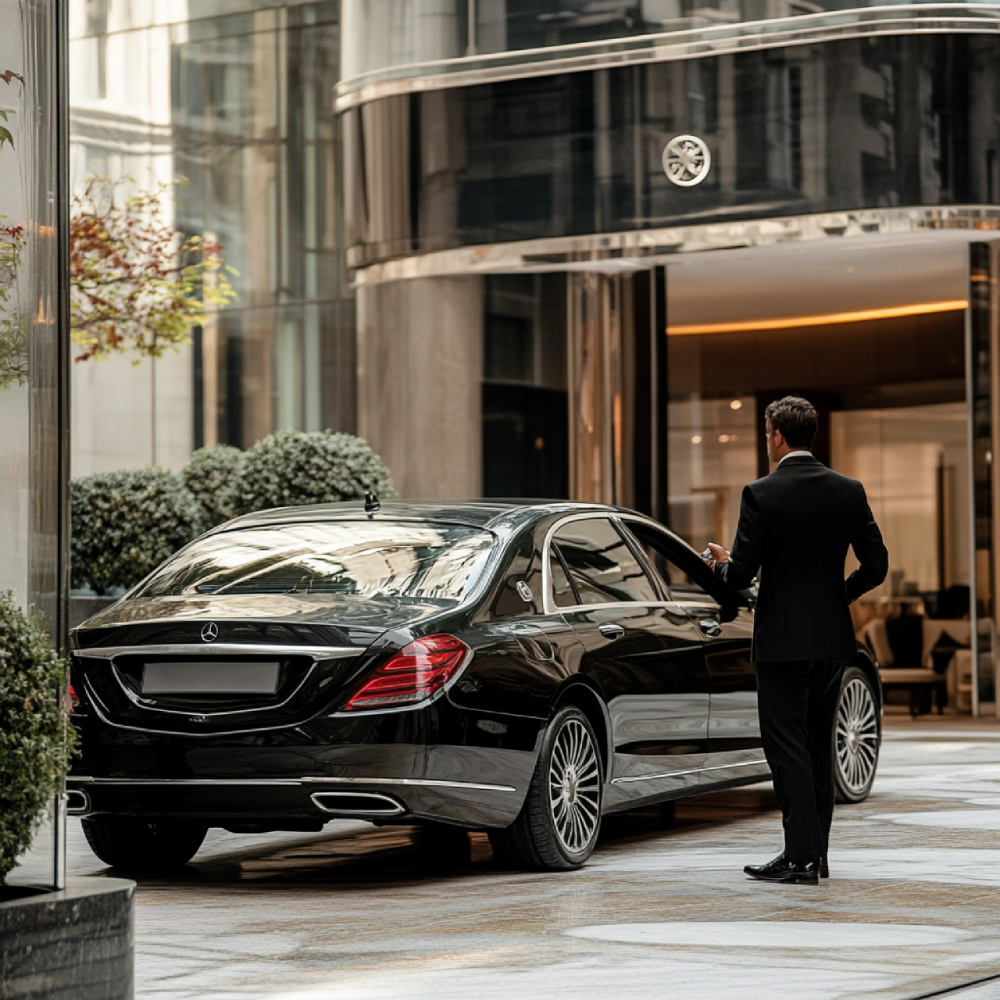 Chauffeur en costume ouvrant la portière d'une berline noire devant un hôtel